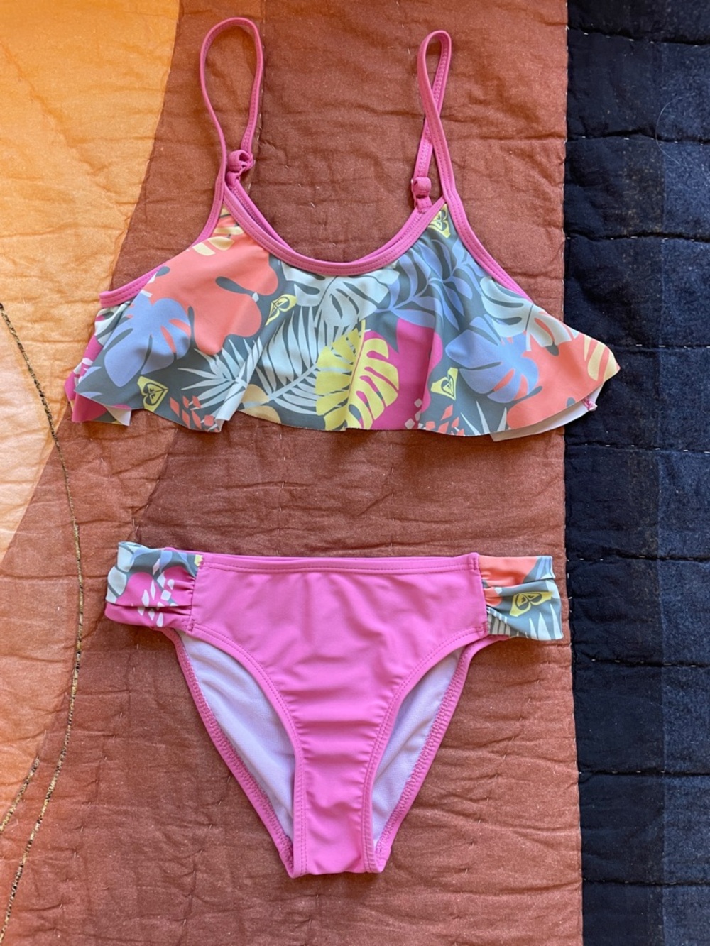 Roxy Girls 10 Pink Tropical Ruffle Top Bikini - Kids Swim